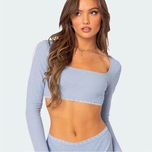 Edikted GRWM XS Cropped Waffle Top in Blue